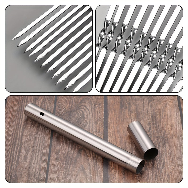 15pcs Stainless Steel Skewers & 1 Tube Storage For Barbecue, Reusable Grill Skewers, Shish Kebab BBQ Camping Flat Forks Gadgets, Outdoor Camping Picnic, Cookware Barbecue Tool Accessories