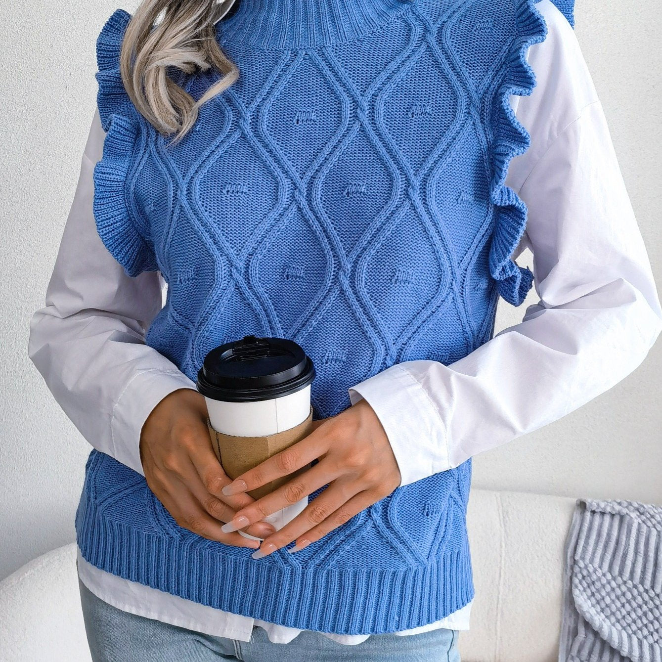 Women's Sweater Ruffle Hem Texture Sweater Vest