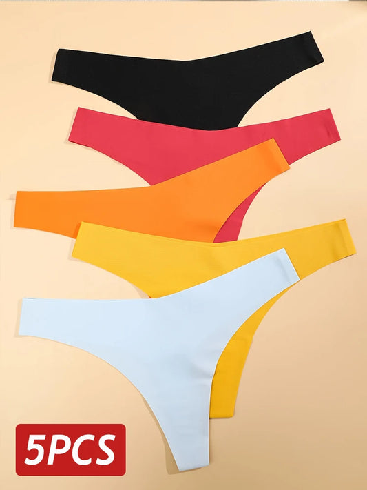 5PCS Ice Silk Seamless Thongs Women V Waist G