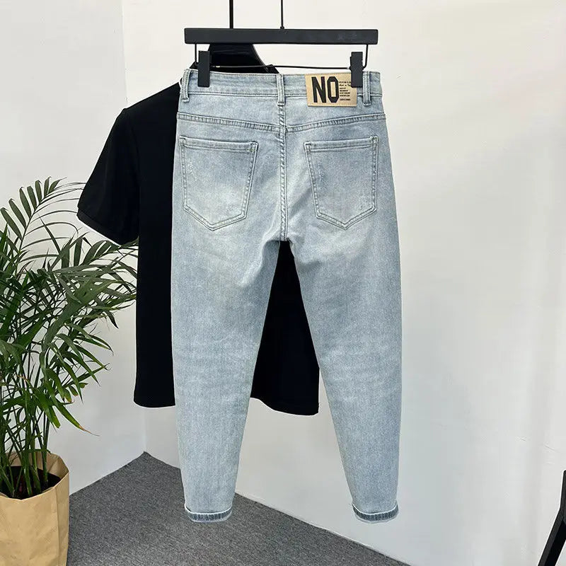 Jeans Men's Trendy Brand Light-colored Fashion Youth Casual Pants Cowboy Simple Ruffian Handsome Slim-fitting Skinny Jeans Men