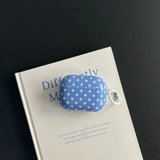 Simple Lovely Blue Polka Dot Pattern Glossy Protective Earphone Case with White Rings Cover for AirPods 1 2 3 4 Pro 2 Pro 3