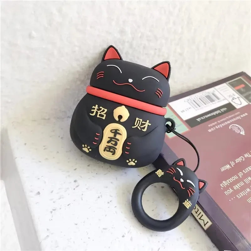 For AirPods 4 3 2 1 Pro Pro2 Earphone Case 3D Maneki Neko Lucky Cat Cartoon Silicone Protective Headphone Box With Pendant Cover