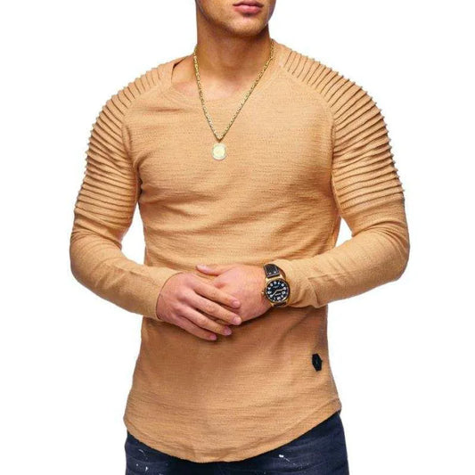 Spring And Autumn New Men's Solid Color Slim Round Neck Long Sleeve T-Shirt Fashion Fold With Shoulder Sleeve Sports T-Shirt
