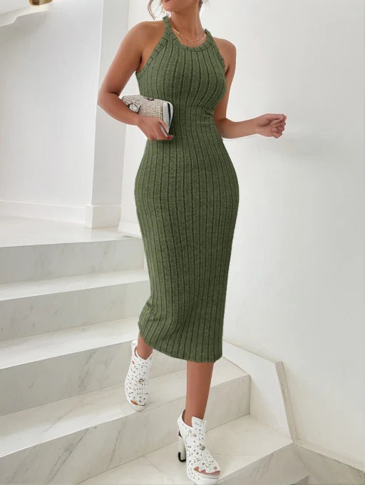 Dresses for Women Solid Halter Neck Bodycon Ribbed Knit Tank Dress