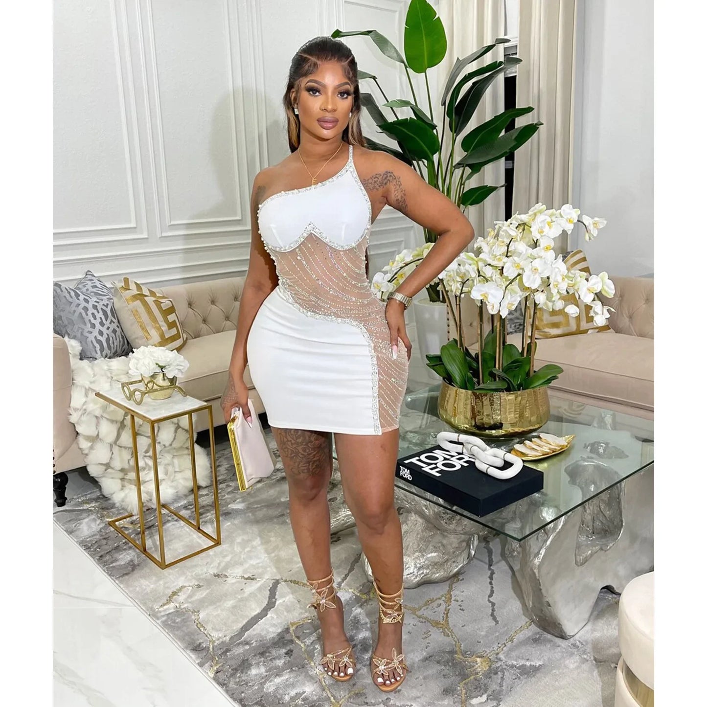 CM.YAYA Women Diamonds Hot Rhinestones Mesh Patchwork Sweetheart