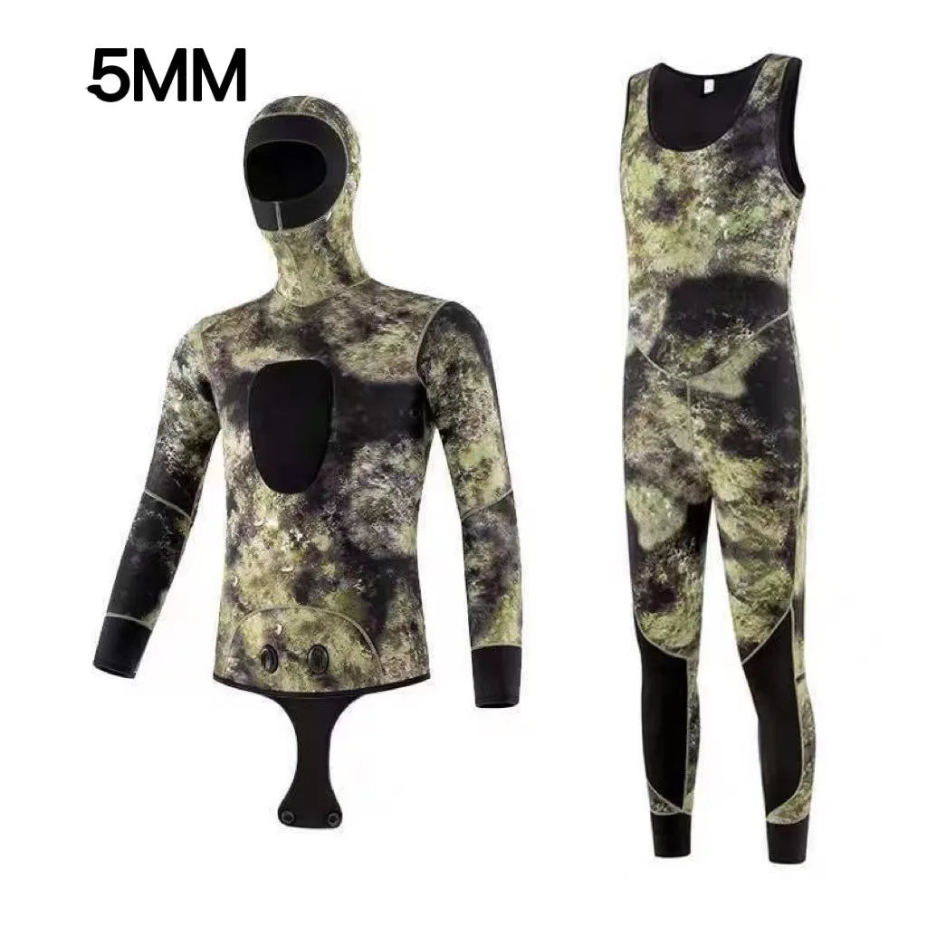 NEW 5mm Camouflage Wetsuit Long Sleeve Fission Hooded 2 Pieces Of Neoprene Submersible For Men Keep Warm Waterproof Diving Suit
