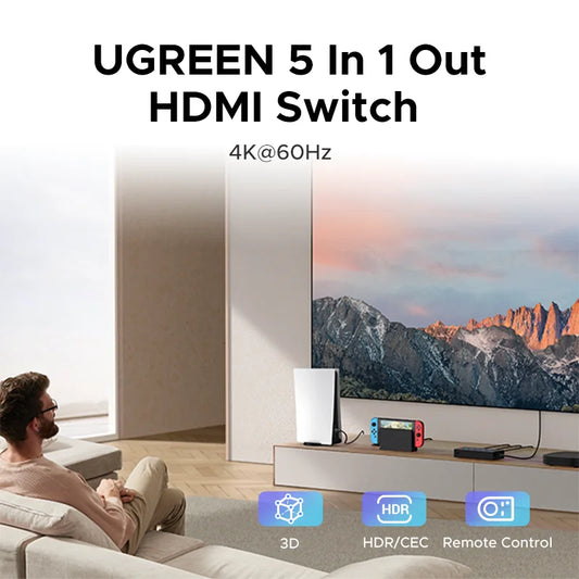 UGREEN HDMI Switch 5 in 1 Out 4K 60Hz HDMI Switcher with Remote Control for PS5 PS4 TV Monitor Projector CEC HDR HDCP 2.2