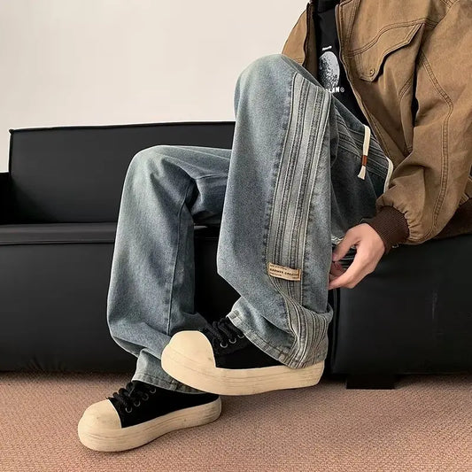 Jeans Men 2025 Spring Autumn American Style Vintage Loose Straight Leg Long Pants Men's Youth Popular Drawstring Wide Leg Pants