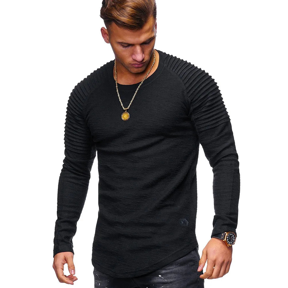 Spring And Autumn New Men's Solid Color Slim Round Neck Long Sleeve T-Shirt Fashion Fold With Shoulder Sleeve Sports T-Shirt