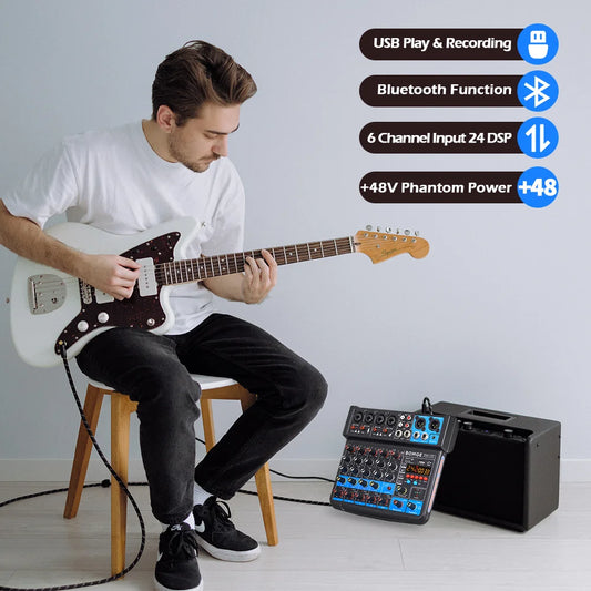 BOMGE 6 Channel 24DSP mini DJ Audio Sound Mixer Interface with MP3 USB Bluetooth Stereo Recording for karaoke performance stream