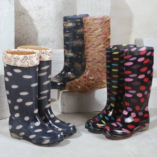Thickened Crystal Flower Fabric High Top Women's Rain Boots Kitchen Waterproof Non-Slip Work Shoes Low Heel Plastic Shoes