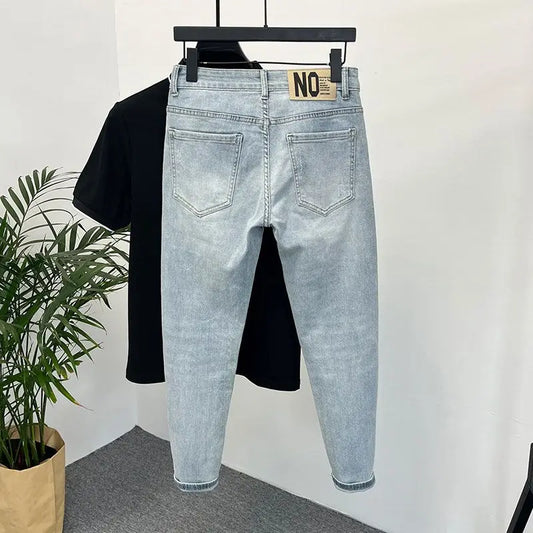 Jeans Men's Trendy Brand Light-colored Fashion Youth Casual Pants Cowboy Simple Ruffian Handsome Slim-fitting Skinny Jeans Men