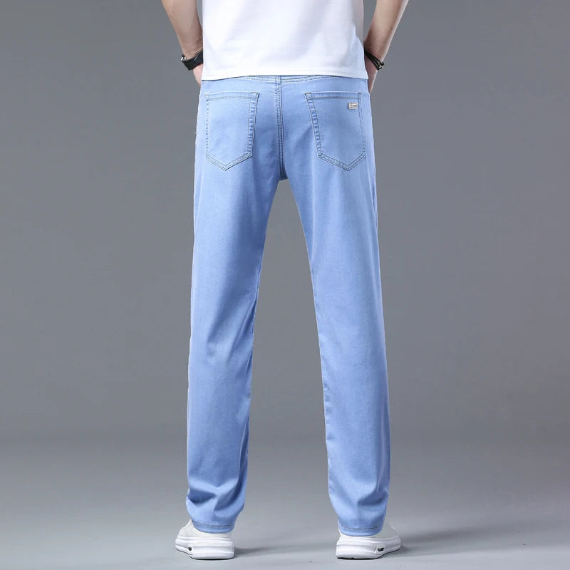 2025 Spring Summer Thin Men's Slim Stretch Jeans Lyocell Cool Light Blue Fashion Casual Denim Pants Male Brand Trousers