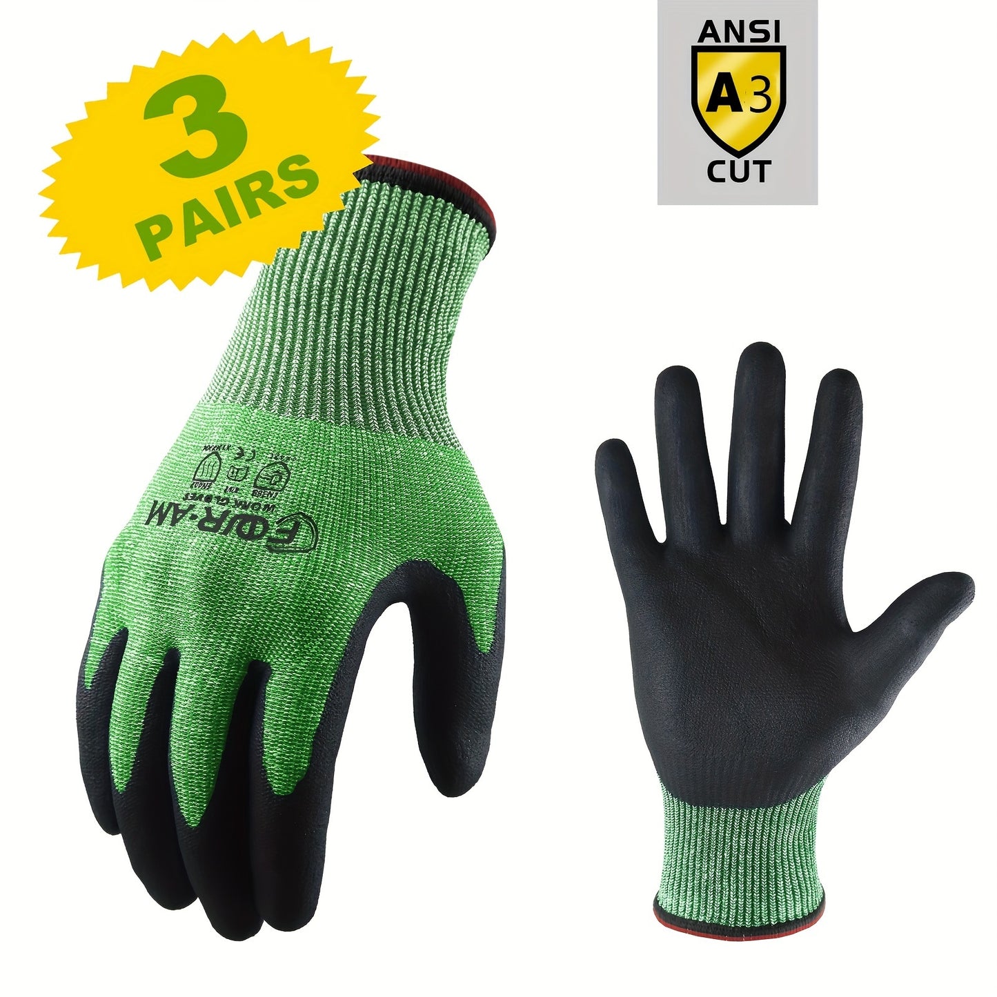 3 Pairs of Level 3 Cut-Resistant Work Gloves with Firm Non-Slip Grip