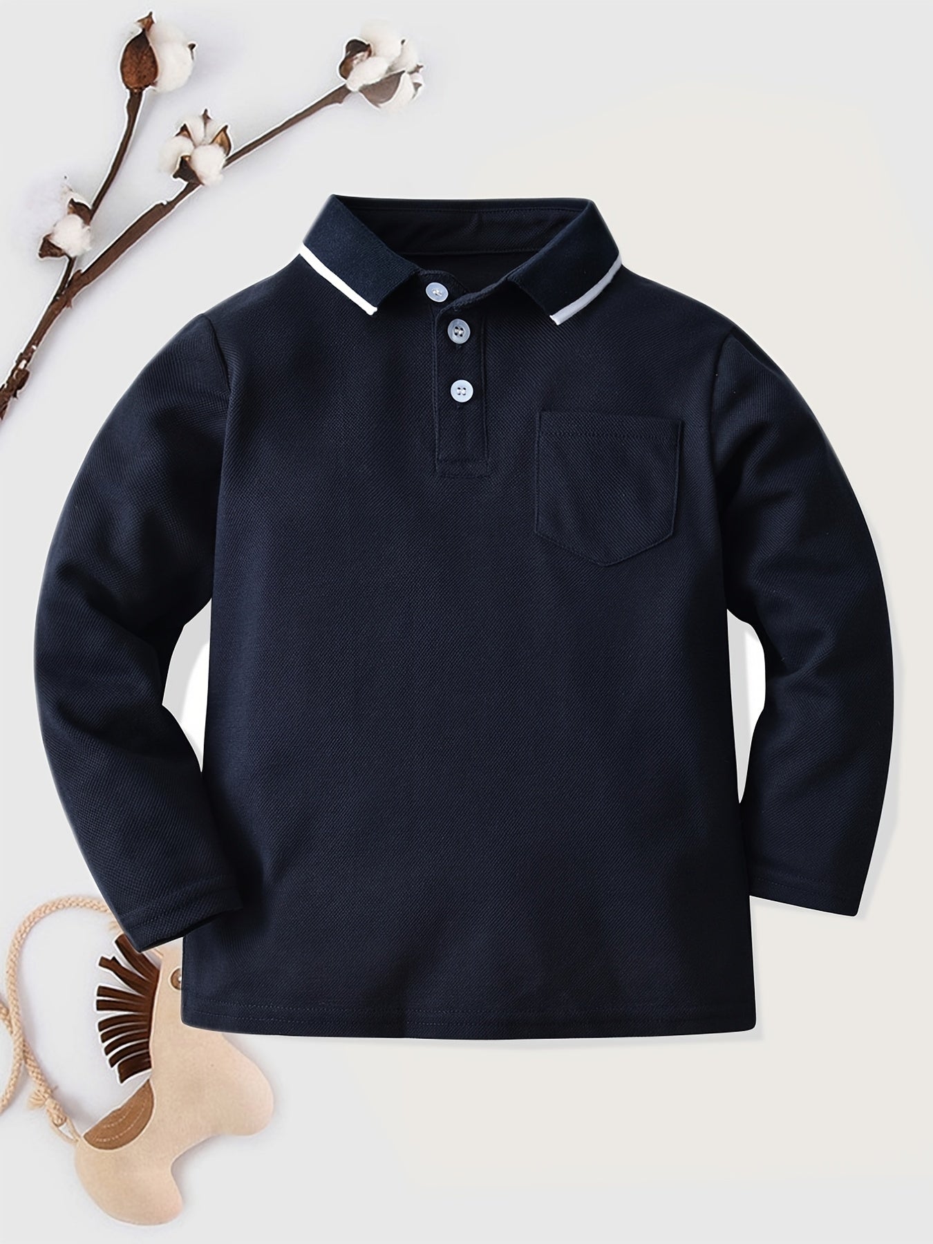 Boys' Preppy Style Long Sleeve Polo Shirt with Button Details - Regular Fit, Geometric Pattern, Slight Stretch Fabric, Ideal for Spring/Fall Weekend Casual Wear, Kids' Clothing | Classic Collar Shirt | Durable Fabric