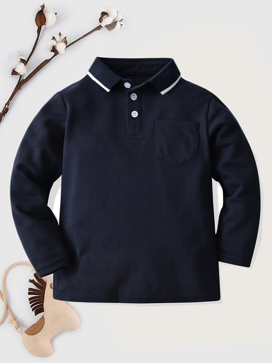 Boys' Preppy Style Long Sleeve Polo Shirt with Button Details - Regular Fit, Geometric Pattern, Slight Stretch Fabric, Ideal for Spring/Fall Weekend Casual Wear, Kids' Clothing | Classic Collar Shirt | Durable Fabric