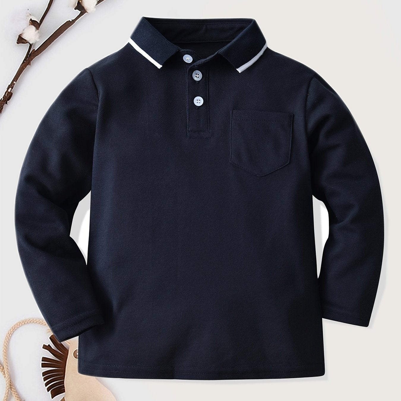 Boys' Preppy Style Long Sleeve Polo Shirt with Button Details - Regular Fit, Geometric Pattern, Slight Stretch Fabric, Ideal for Spring/Fall Weekend Casual Wear, Kids' Clothing | Classic Collar Shirt | Durable Fabric
