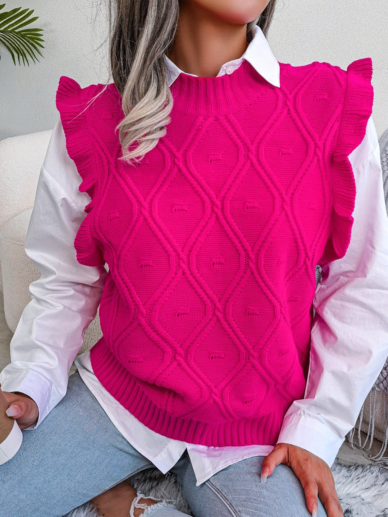 Women's Sweater Ruffle Hem Texture Sweater Vest