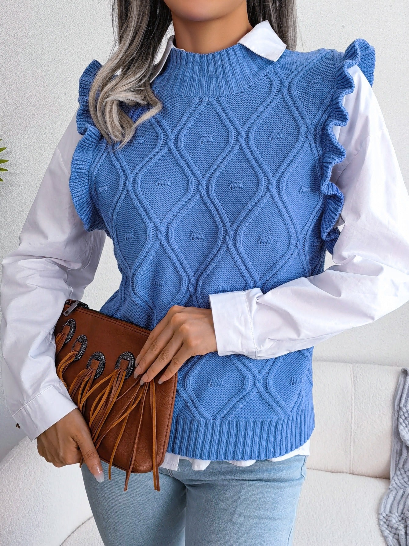 Women's Sweater Ruffle Hem Texture Sweater Vest