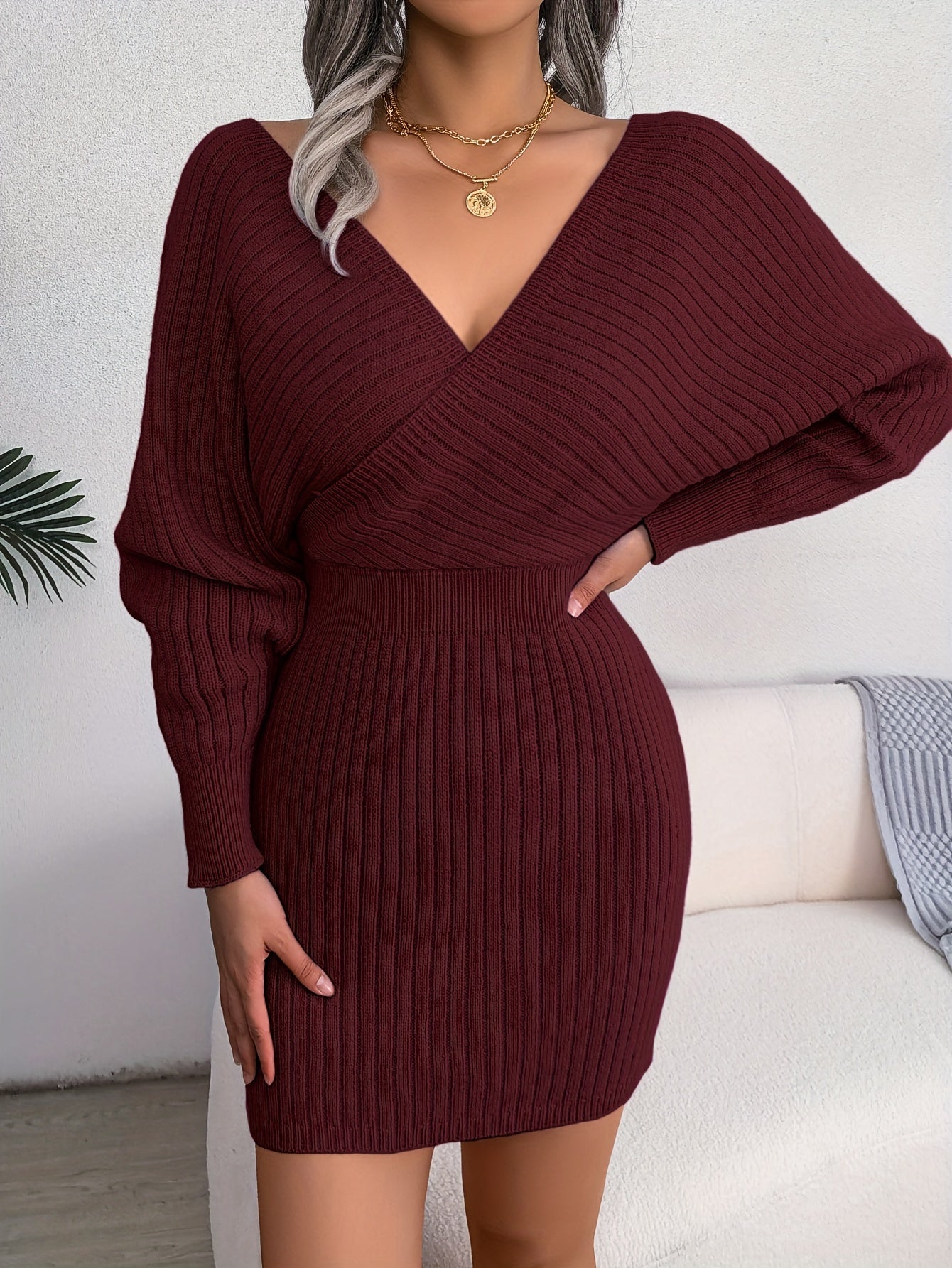 Sexy Cross V Neck Bodycon Sweater Dress, Batwing Sleeve Solid Criss Cross Neck Cross Sexy Dresses, Women's Clothing
