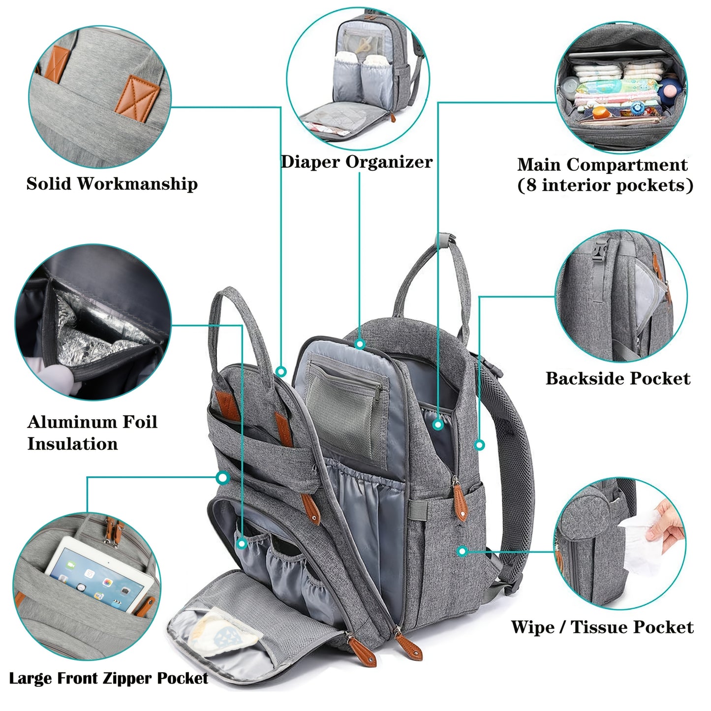 Lamroro Unisex Diaper Bag Backpack - Stylish Changing Bags with Stroller Straps & Pacifier Case, Multifunctional Travel Backpack, Soft Shell Polyester, Zip Closure, Perfect for Showers & Early Years, Diaper Bag for