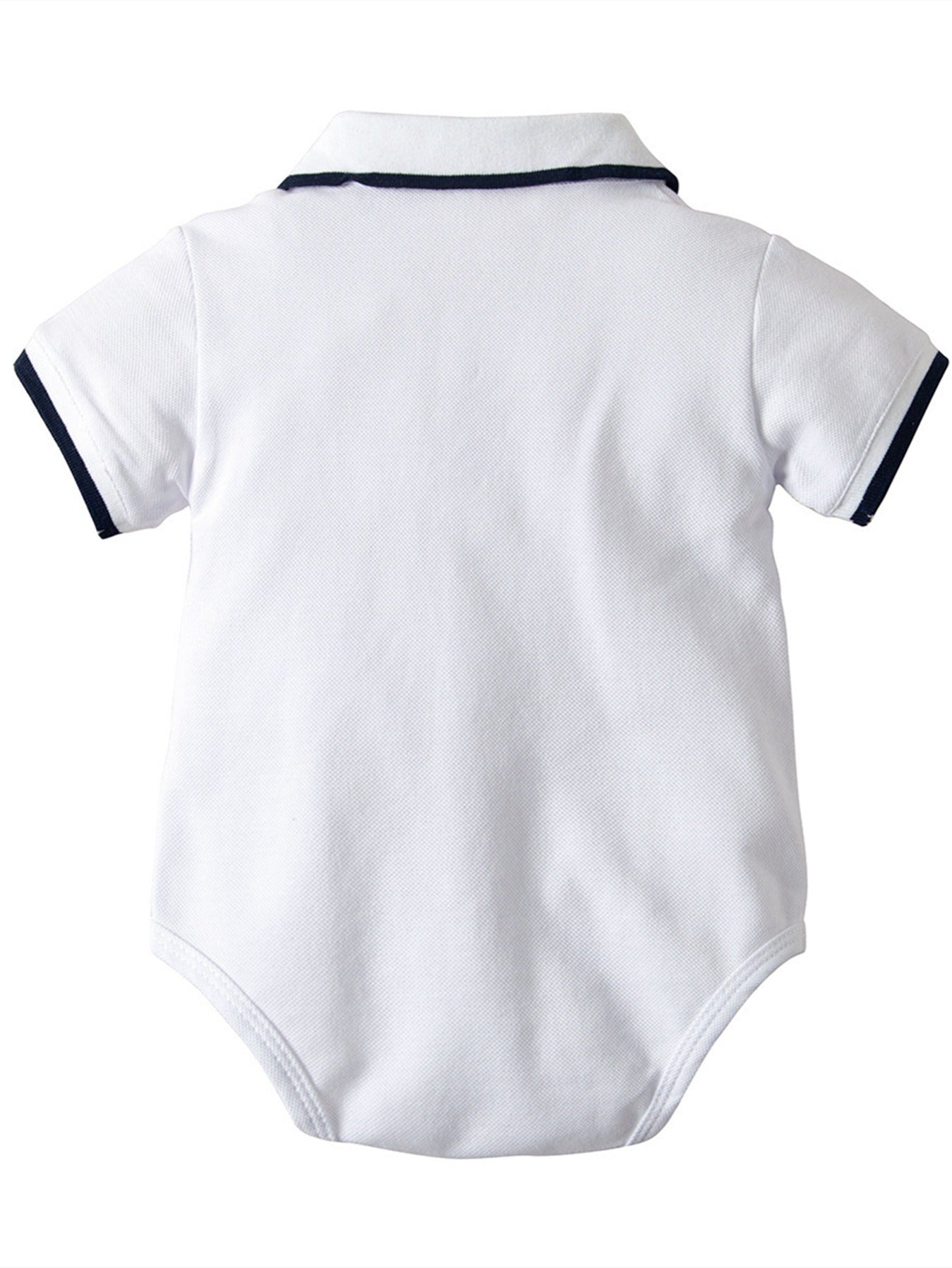 Boys' Summer Set - Casual White Short Sleeve Romper with Navy Blue Collar & Matching Shorts, Easy-Care Polyester, Perfect for Spring/Autumn, Spring Youngsters Outfit|Classic Style|Polyester Blend Outfit, Perfect for Outdoor