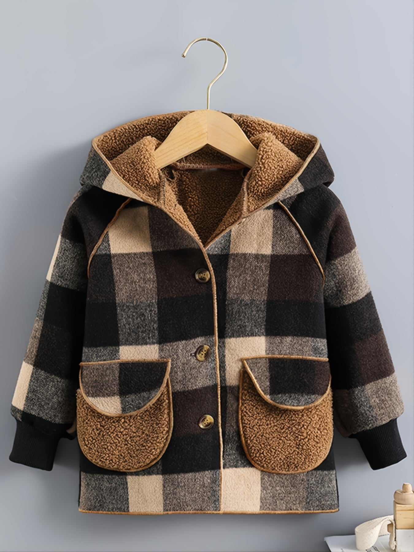 Boys' Long Sleeve Plaid Fleece-Lined Jacket with Button Front & Pockets