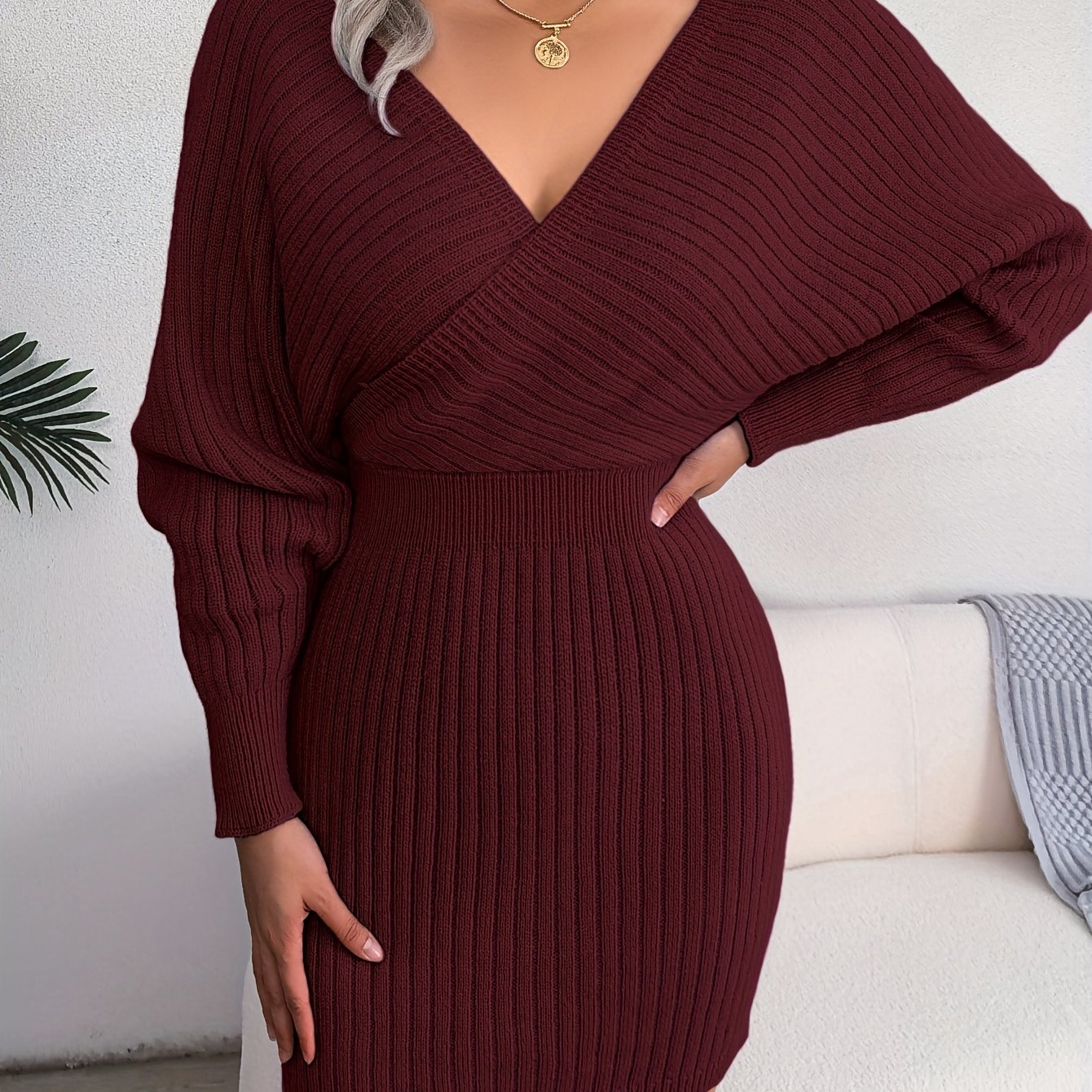 Sexy Cross V Neck Bodycon Sweater Dress, Batwing Sleeve Solid Criss Cross Neck Cross Sexy Dresses, Women's Clothing