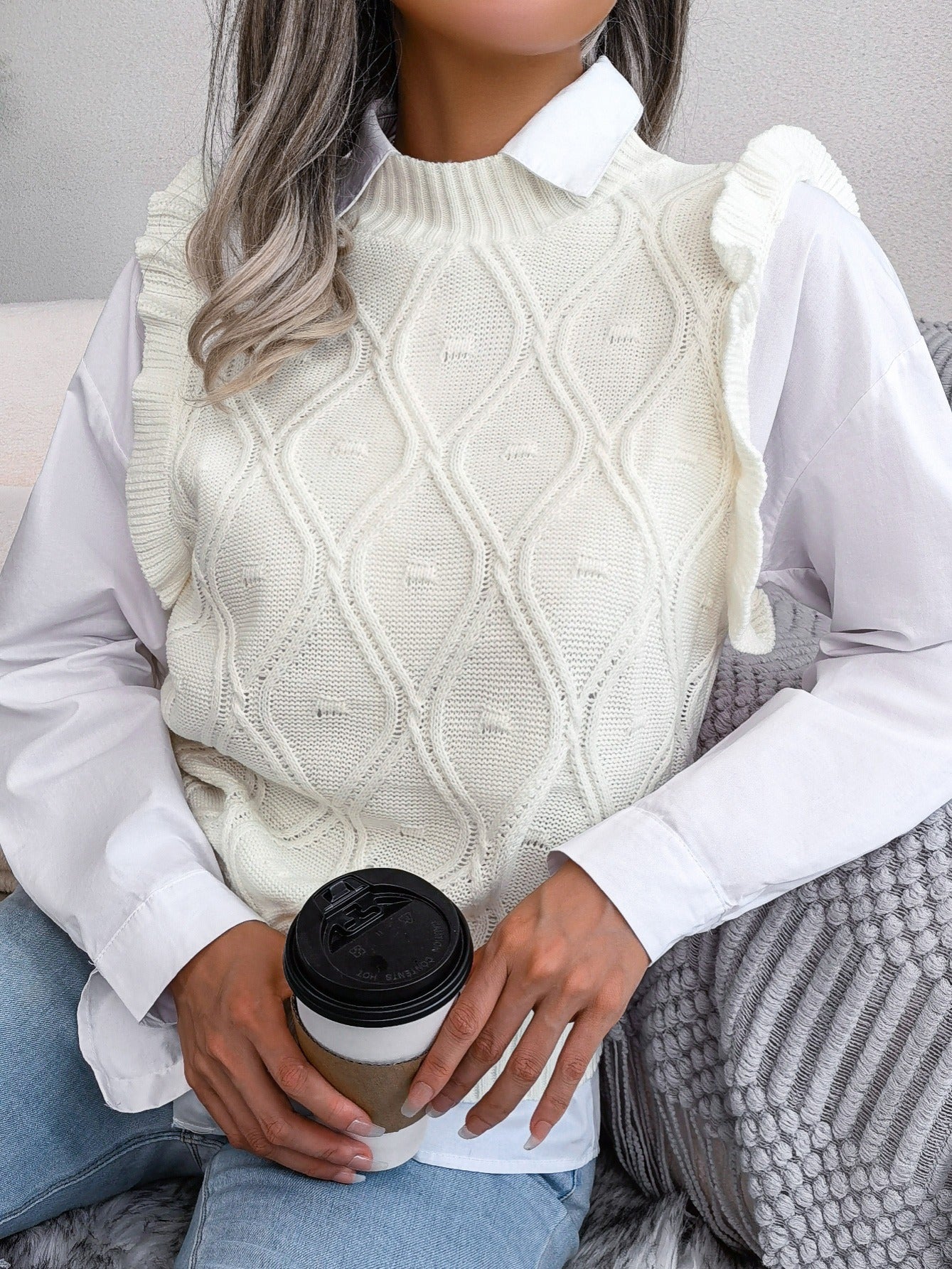 Women's Sweater Ruffle Hem Texture Sweater Vest