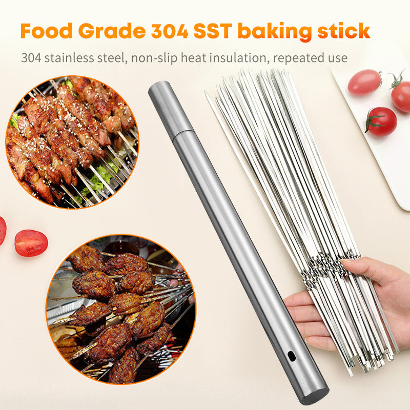 15pcs Stainless Steel Skewers & 1 Tube Storage For Barbecue, Reusable Grill Skewers, Shish Kebab BBQ Camping Flat Forks Gadgets, Outdoor Camping Picnic, Cookware Barbecue Tool Accessories