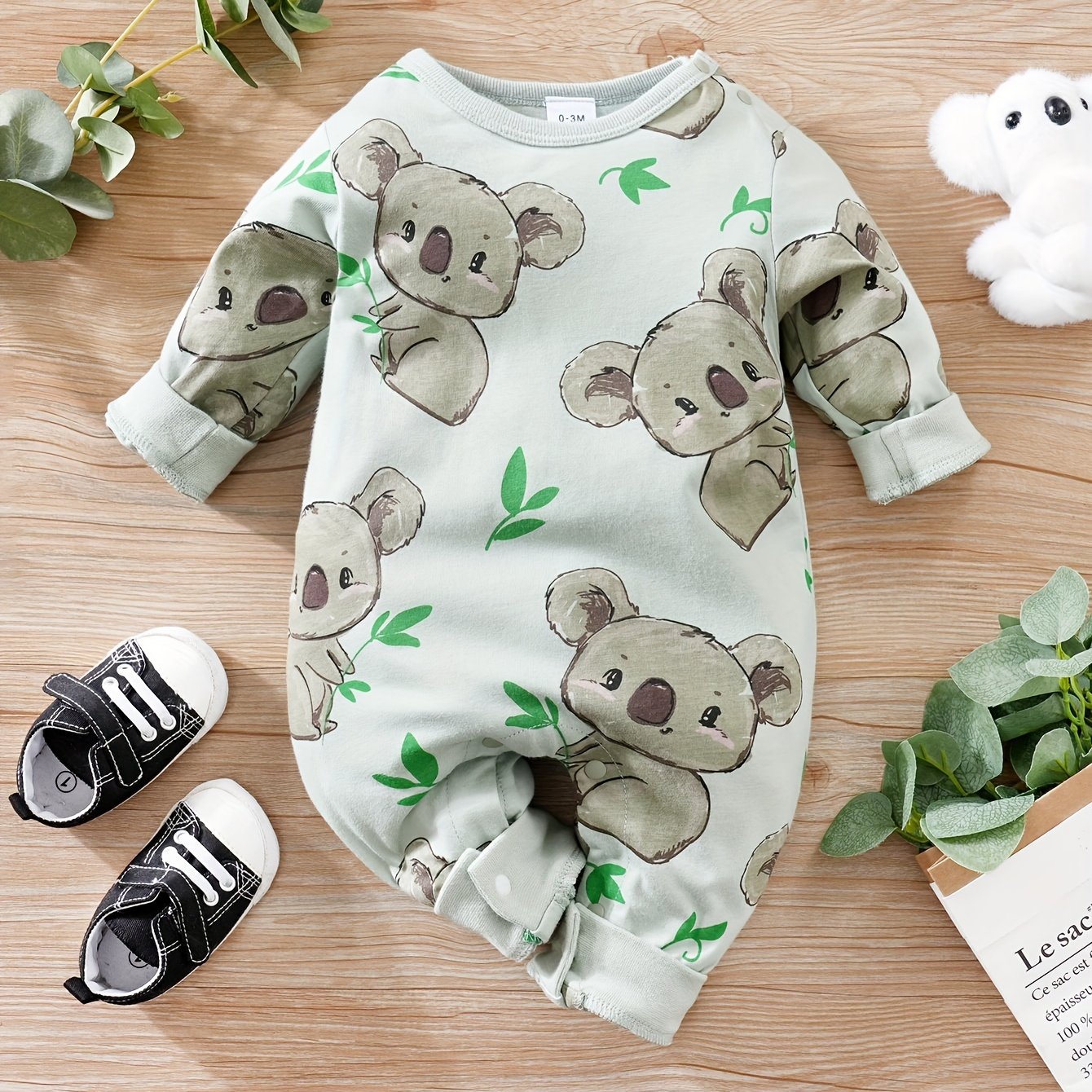 yierying Baby Koala Onesie - Long Sleeve Adorable Koala & eucalyptus leaves, Soft Everyday outfit for Newborns & Infants, Easy-diaper-change Onesie, Perfect for Photoshoots & Gifts, Newborn Essentials, Animal Print Romper, Ge