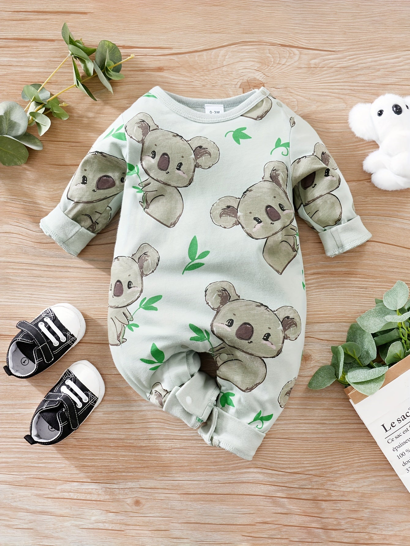 yierying Baby Koala Onesie - Long Sleeve Adorable Koala & eucalyptus leaves, Soft Everyday outfit for Newborns & Infants, Easy-diaper-change Onesie, Perfect for Photoshoots & Gifts, Newborn Essentials, Animal Print Romper, Ge