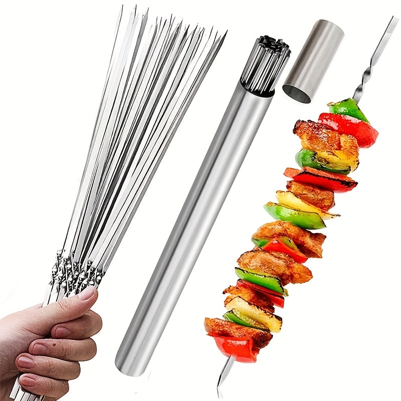 15pcs Stainless Steel Skewers & 1 Tube Storage For Barbecue, Reusable Grill Skewers, Shish Kebab BBQ Camping Flat Forks Gadgets, Outdoor Camping Picnic, Cookware Barbecue Tool Accessories