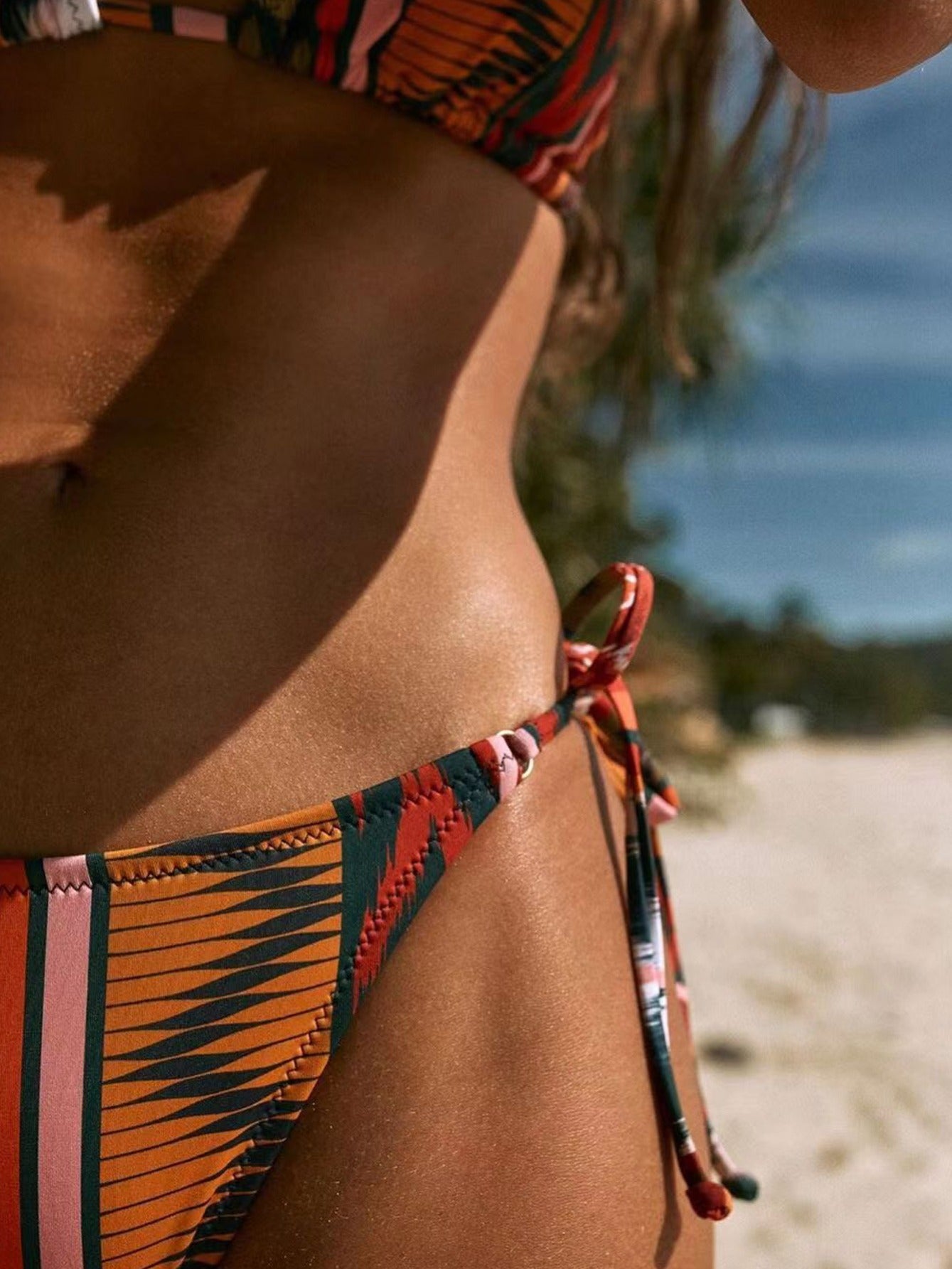 Women's Ethnic Print Lace Up Halter Neck Bikini Set, Sexy Medium Stretch Women's Bathing Suit Set Triangle Top