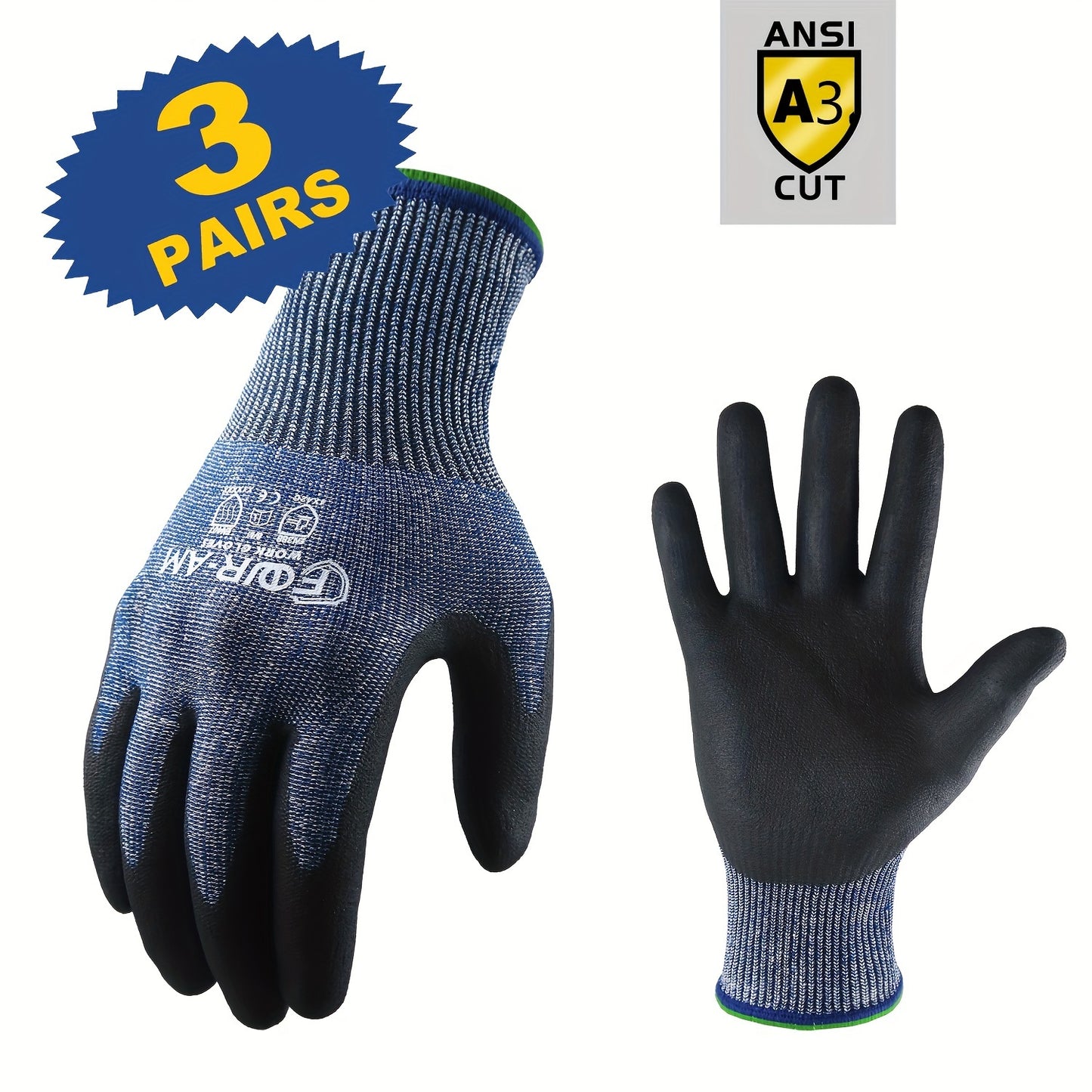 3 Pairs of Level 3 Cut-Resistant Work Gloves with Firm Non-Slip Grip