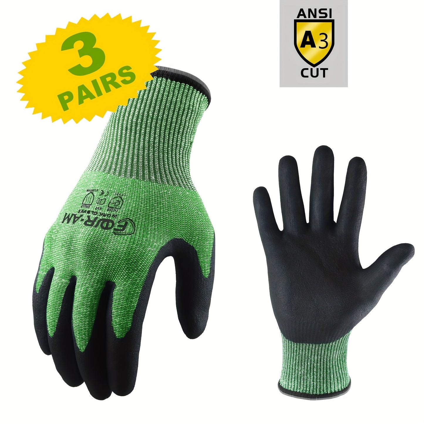 3 Pairs of Level 3 Cut-Resistant Work Gloves with Firm Non-Slip Grip