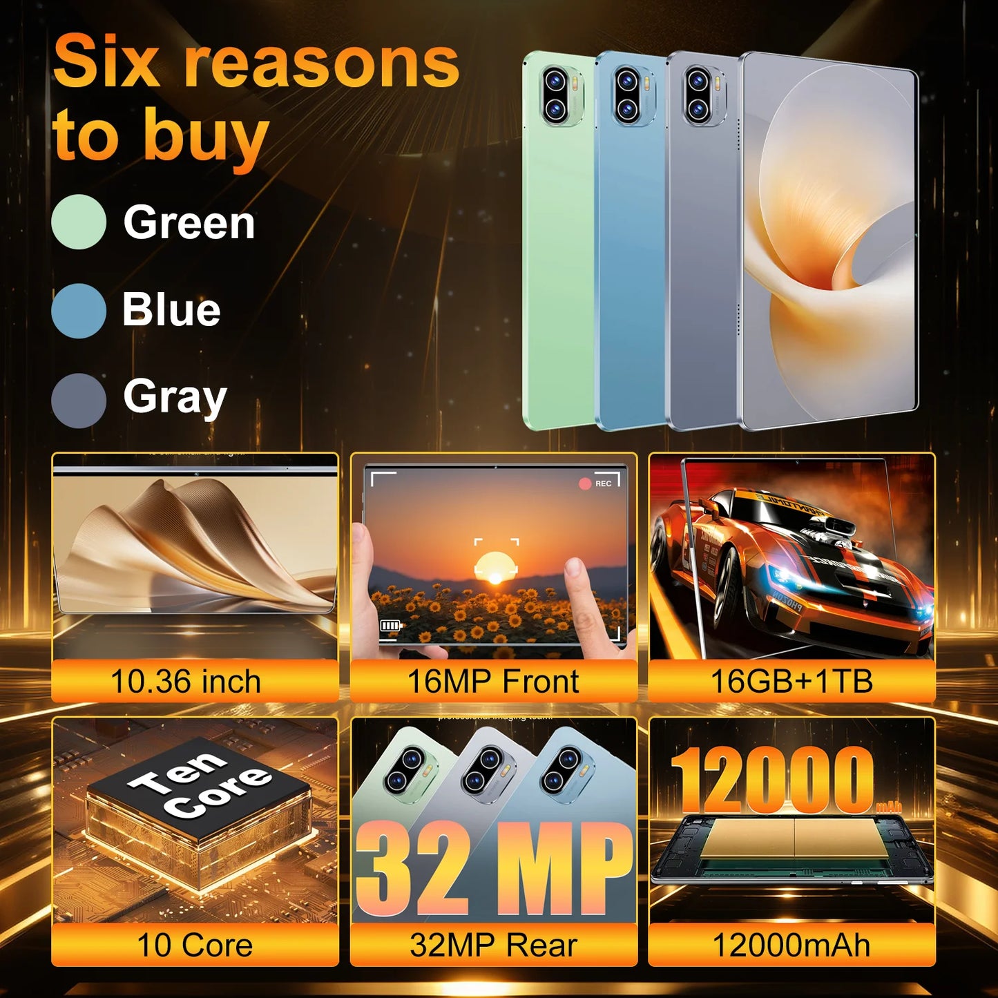 Global Version NEW Original Pad Tablet 10.36 inch HD 5K Android 13 16GB+1T 16MP+32MP 12000mAh 5G Dual SIM WiFi GPS