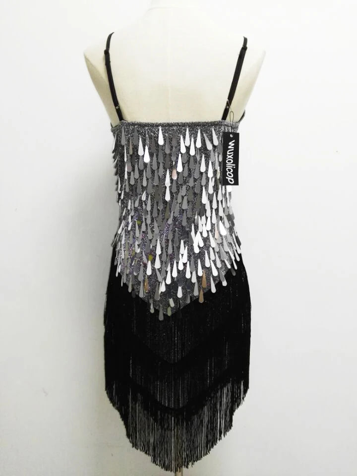 Shining V Neck Stage Costumes Latin Dance Dress Women 1920s Gatsby Fringe Flapper Backless Dress Summer Mesh Sequin Dress
