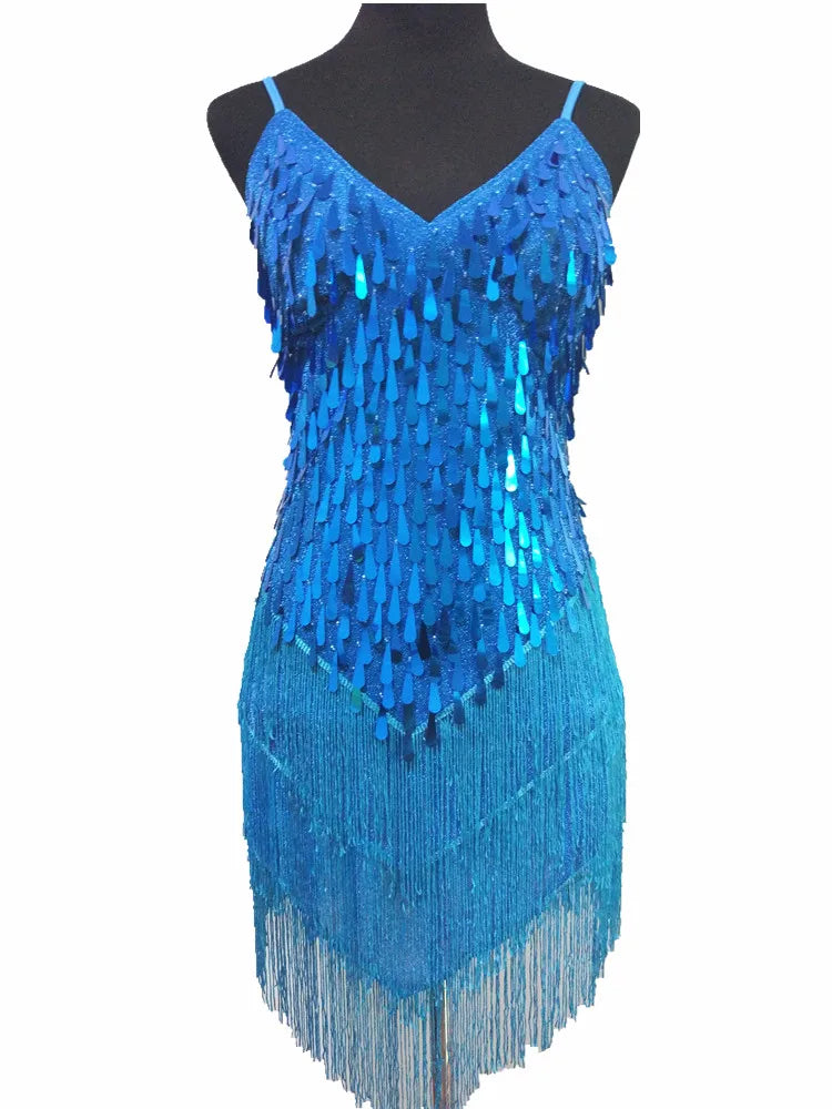 Shining V Neck Stage Costumes Latin Dance Dress Women 1920s Gatsby Fringe Flapper Backless Dress Summer Mesh Sequin Dress