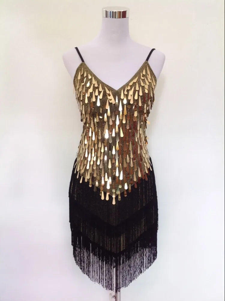Shining V Neck Stage Costumes Latin Dance Dress Women 1920s Gatsby Fringe Flapper Backless Dress Summer Mesh Sequin Dress