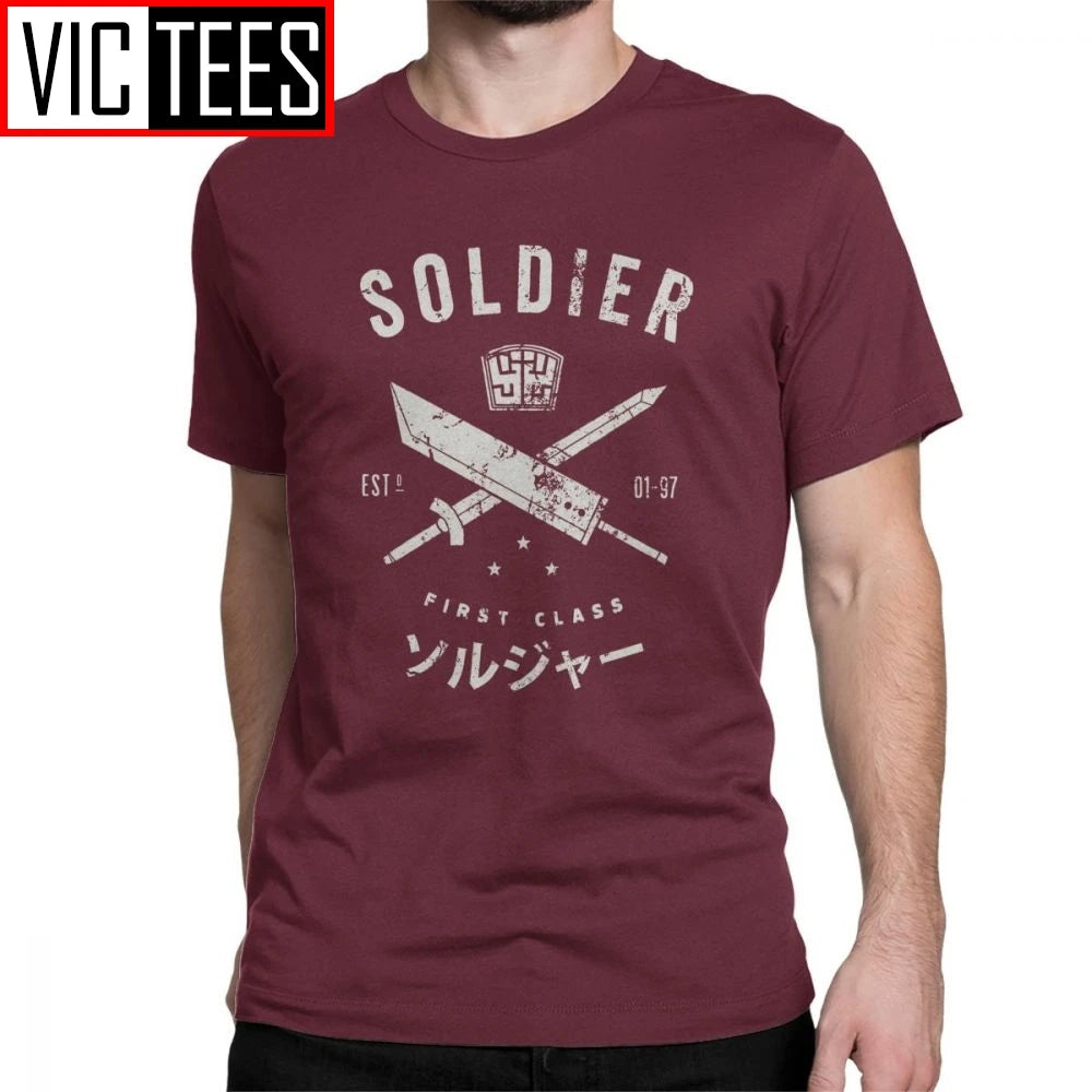 Funny Final Fantasy Soldier T-Shirt for Men O Neck Cotton Men T Shirts Cloud Video Game Strife Shinra Chocobo Short Sleeve Tees