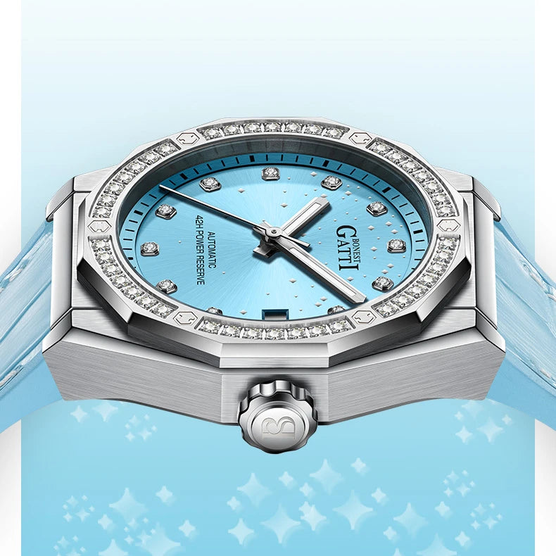 Bugatti Fashion Mechanical Automatic Skeleton Lady Fashion Luxury  Watch for Women  Mosan Diamond Dial Leather Strap Watches