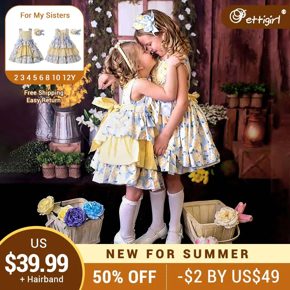 Pettigirl Children Fancy Flower Princess Dresses for Girls Outfits Summer Clothes Size Age 3 4 5 6 8 10 12 Year Old & Hairband
