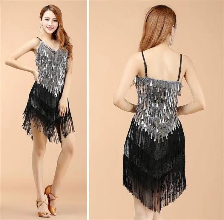 Shining V Neck Stage Costumes Latin Dance Dress Women 1920s Gatsby Fringe Flapper Backless Dress Summer Mesh Sequin Dress