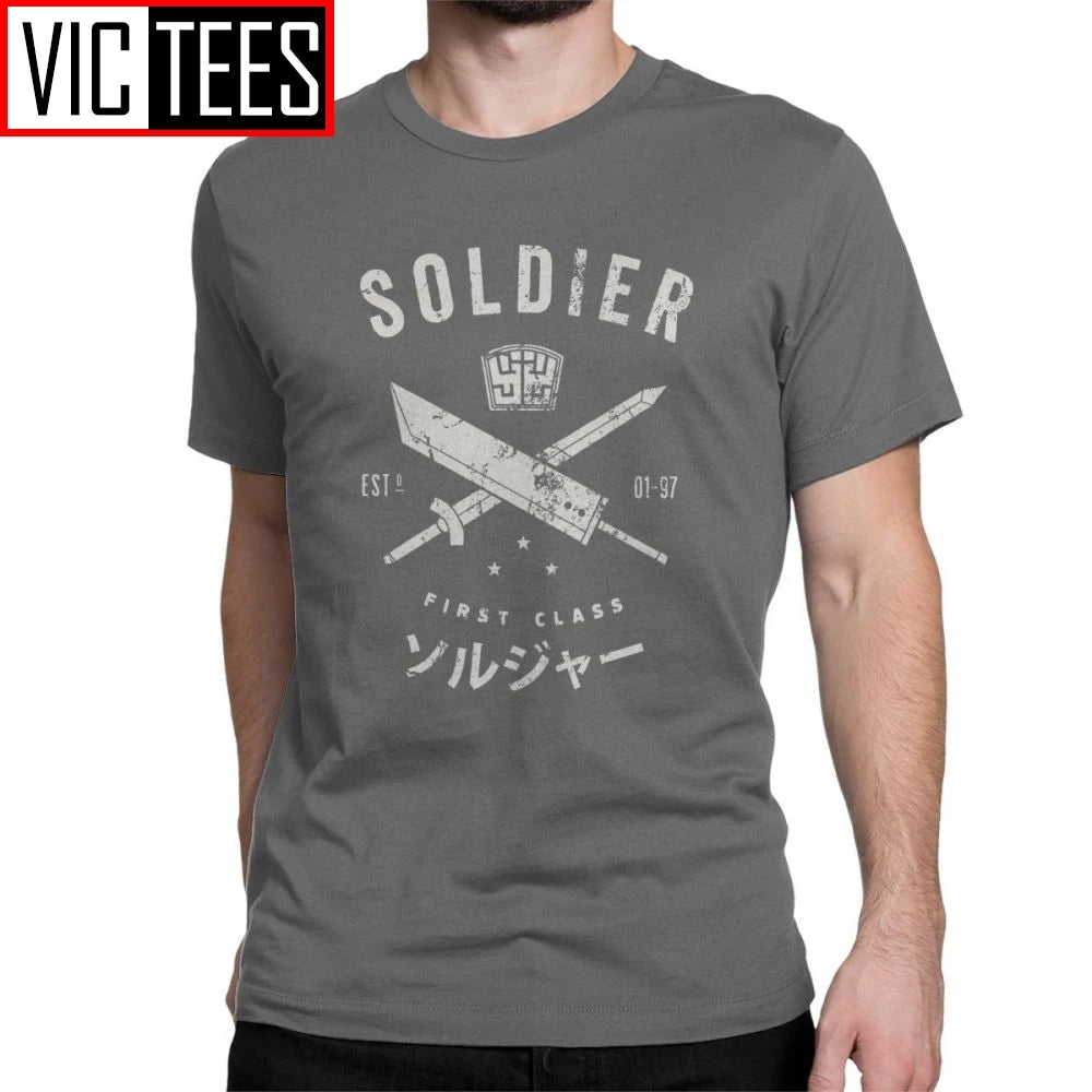 Funny Final Fantasy Soldier T-Shirt for Men O Neck Cotton Men T Shirts Cloud Video Game Strife Shinra Chocobo Short Sleeve Tees