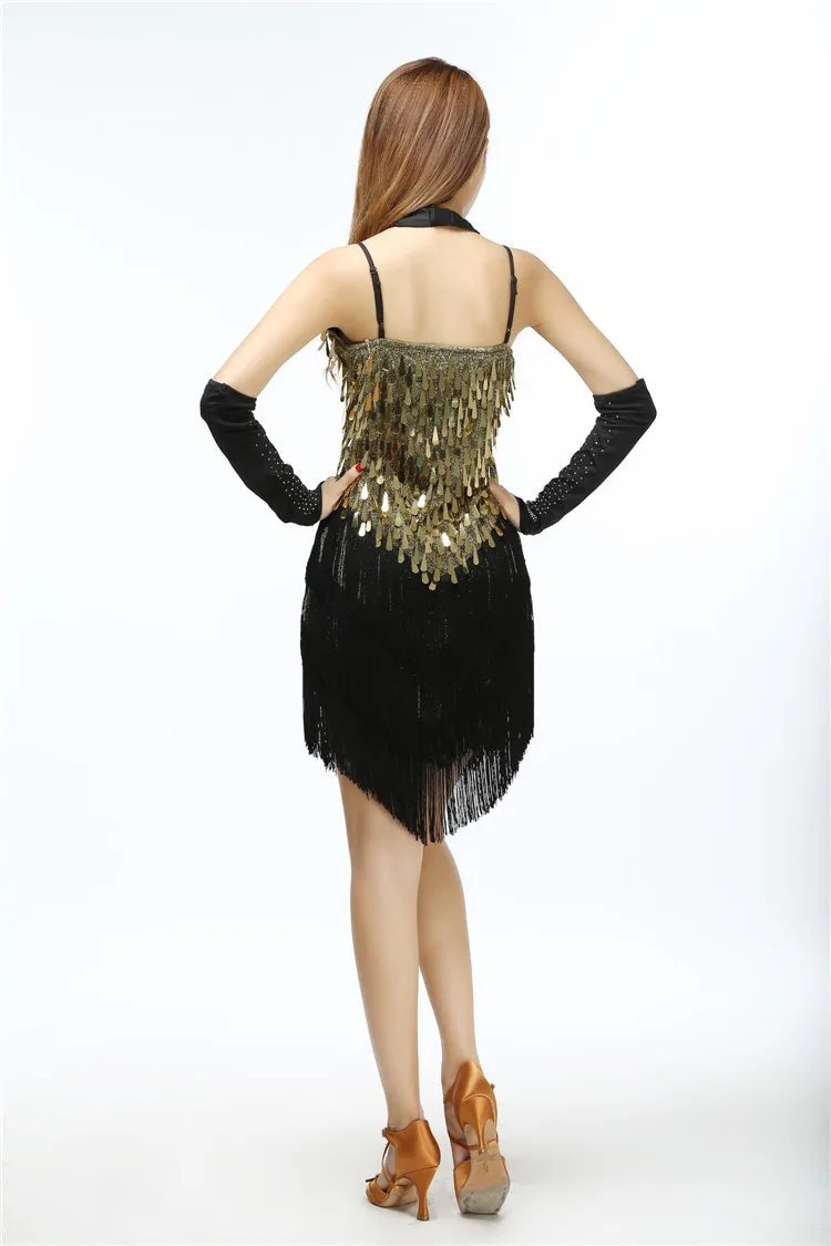 Shining V Neck Stage Costumes Latin Dance Dress Women 1920s Gatsby Fringe Flapper Backless Dress Summer Mesh Sequin Dress