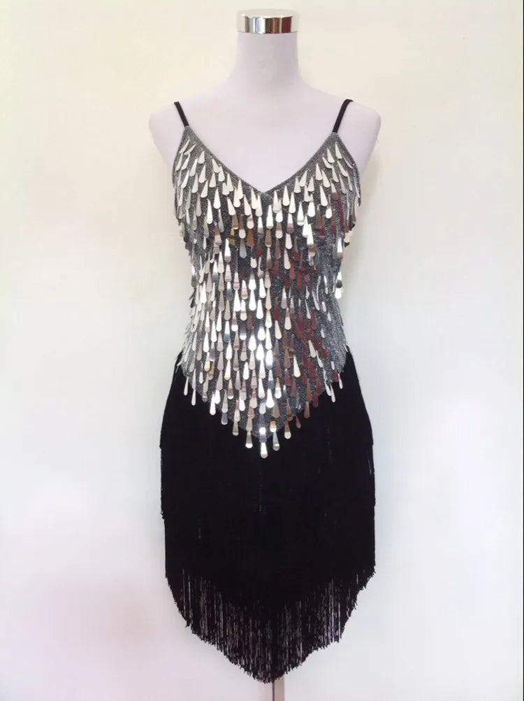 Shining V Neck Stage Costumes Latin Dance Dress Women 1920s Gatsby Fringe Flapper Backless Dress Summer Mesh Sequin Dress