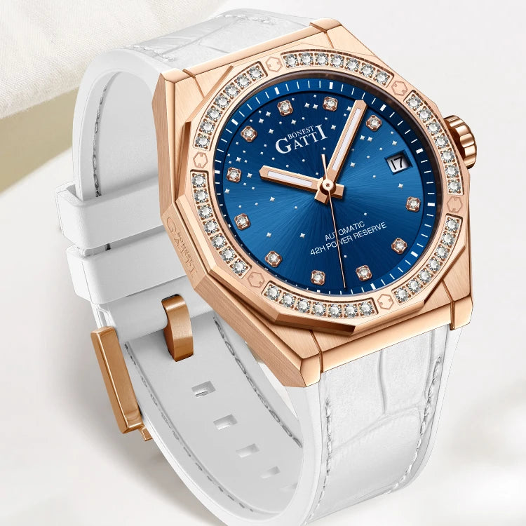 Bugatti Fashion Mechanical Automatic Skeleton Lady Fashion Luxury  Watch for Women  Mosan Diamond Dial Leather Strap Watches