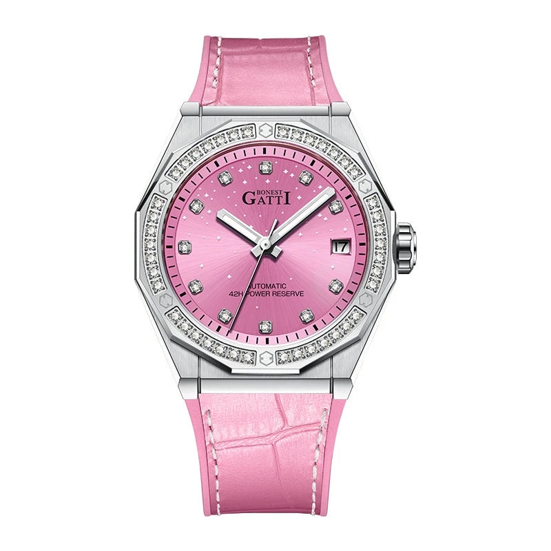 Bugatti Fashion Mechanical Automatic Skeleton Lady Fashion Luxury  Watch for Women  Mosan Diamond Dial Leather Strap Watches