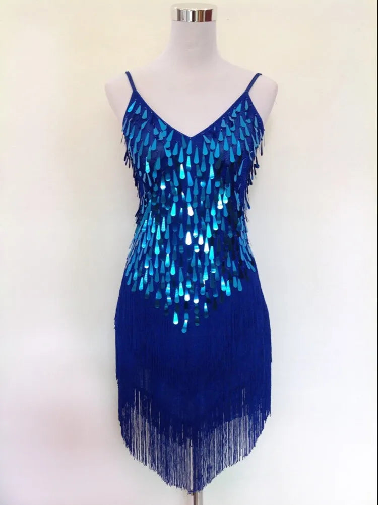 Shining V Neck Stage Costumes Latin Dance Dress Women 1920s Gatsby Fringe Flapper Backless Dress Summer Mesh Sequin Dress